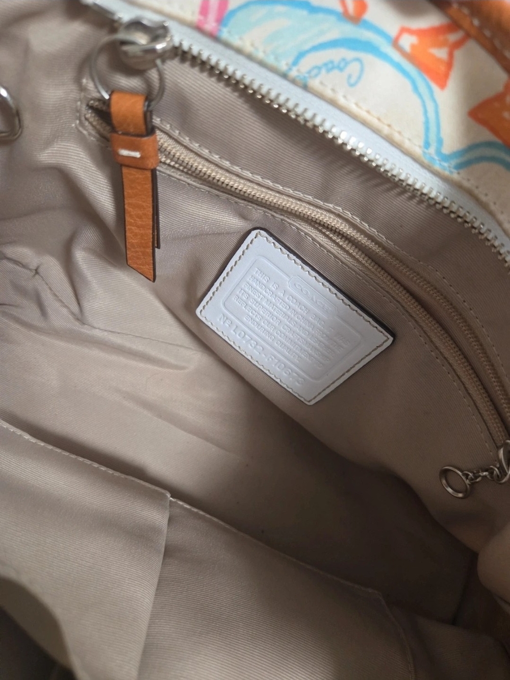 Coach Beige Canvas Tote Bag with Tan Leather Trim Rainbow Design